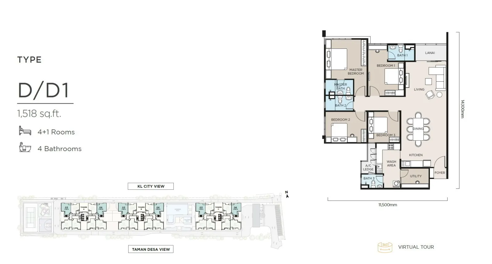 THE ATAS TYPE D/D1 - 1,518 sq.ft. - 4+1 Rooms 4Bathrooms floor plan