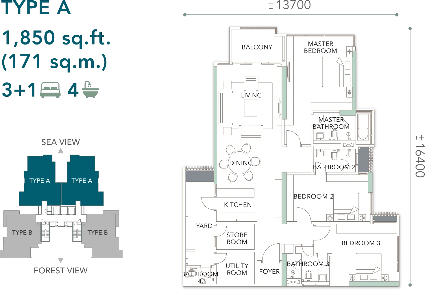 The Marin Type A 1,850 sq.ft. (171 sq.m.) floor plan