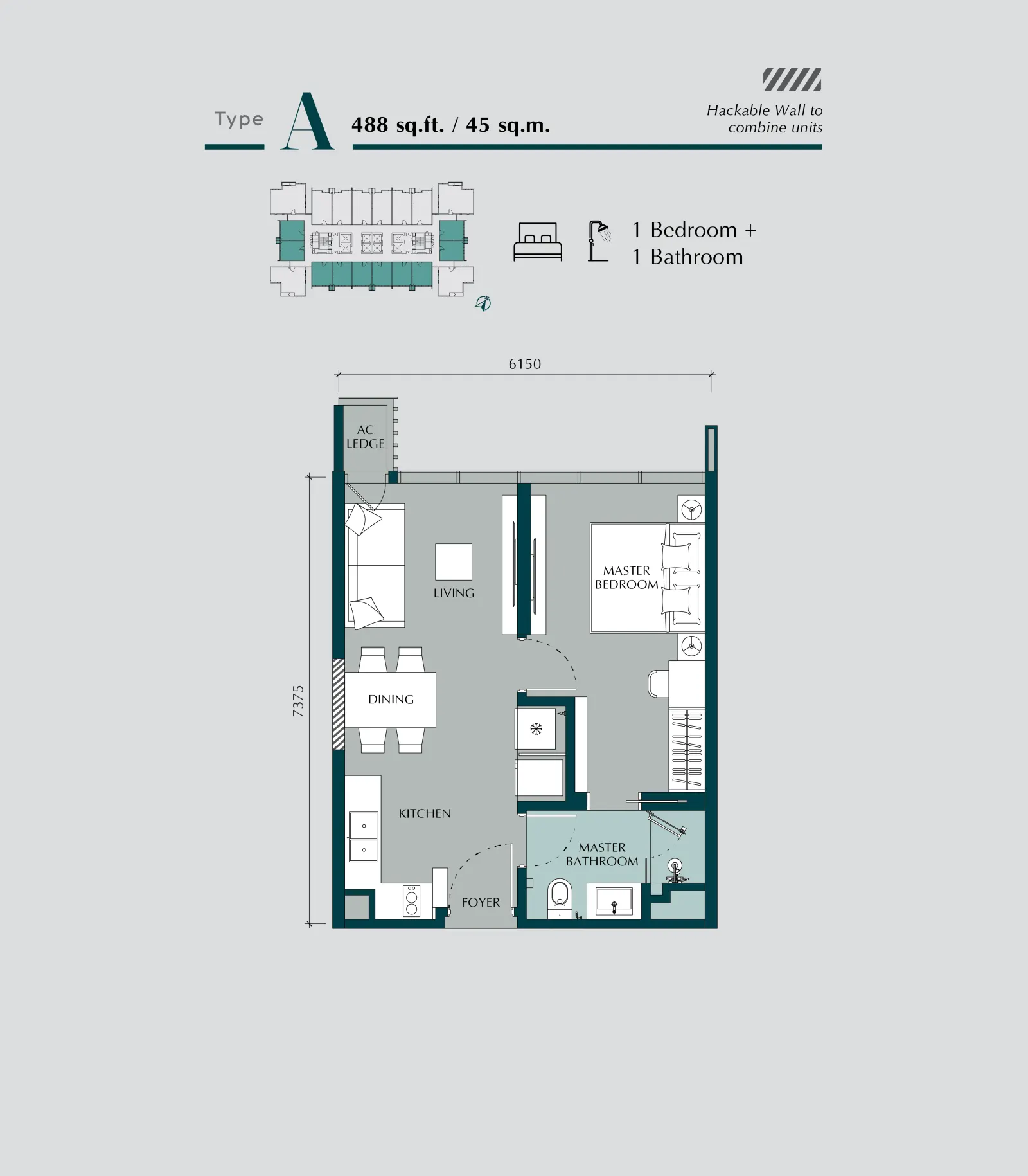 Times Square 2 Type A - 438 sqft / 45 sq.m. floor plan