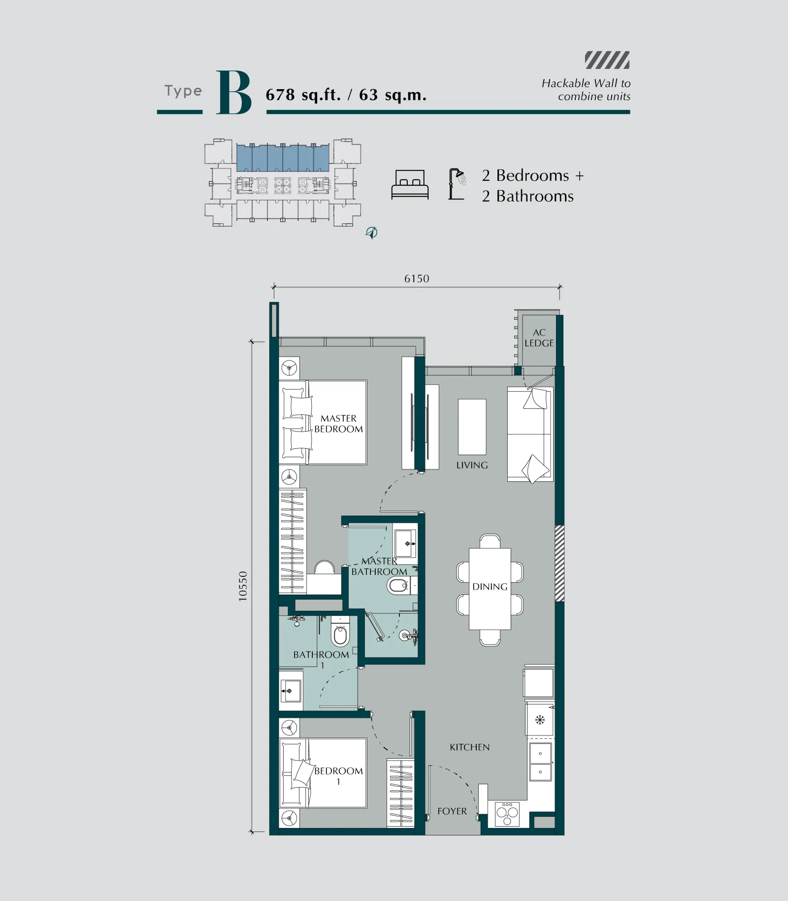 Times Square 2 Type B - 678 sq.ft. / 63 sq.m. floor plan