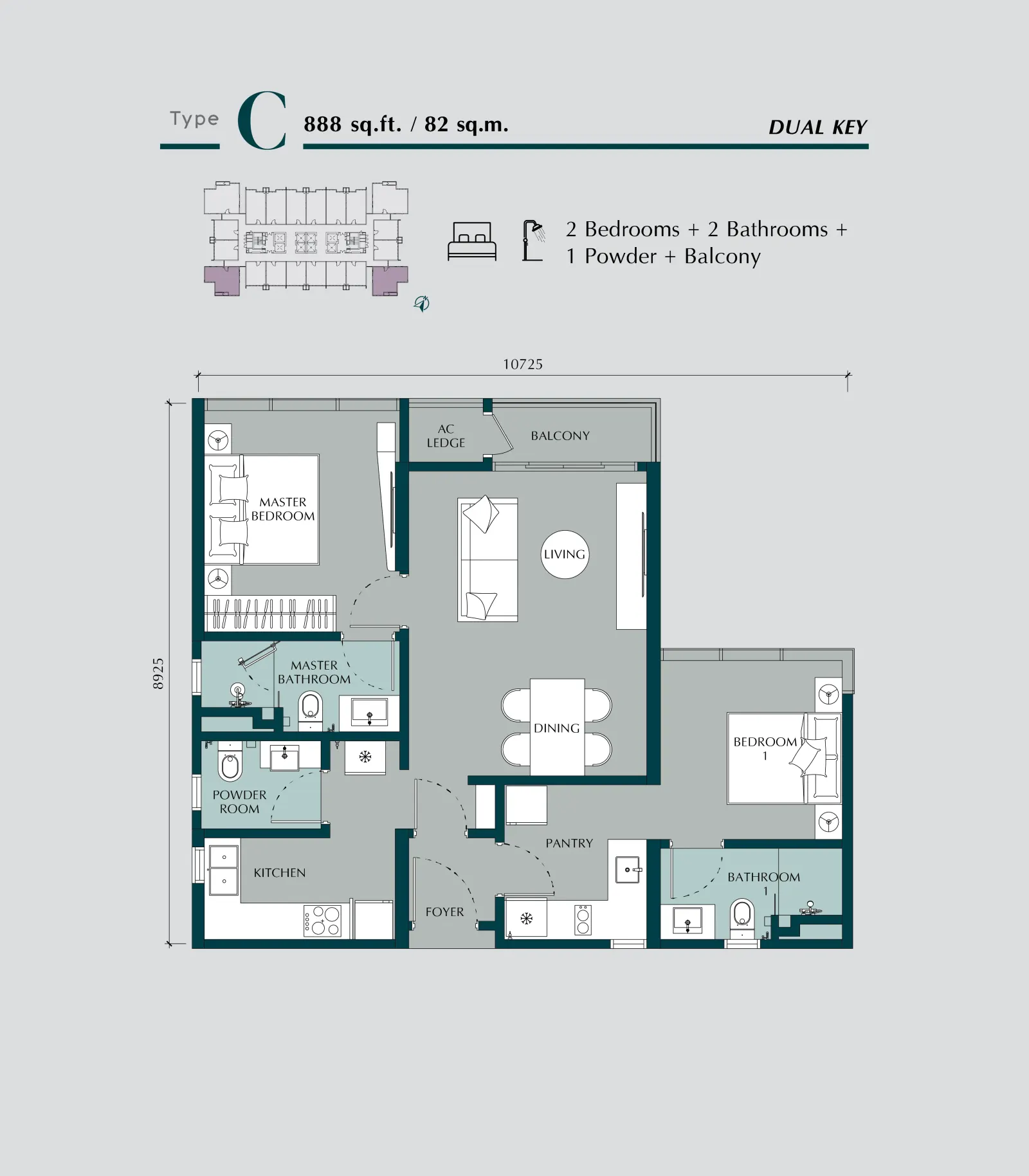 Times Square 2 Type C - 888 sq.ft./82 sq.m. floor plan