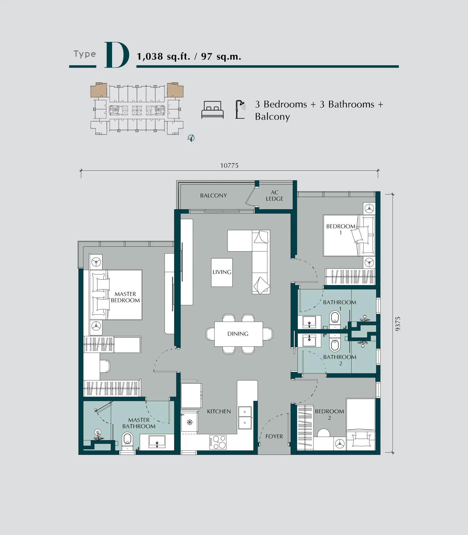 Times Square 2 Type D 1,038 sq.ft. / 97 sq.m. floor plan