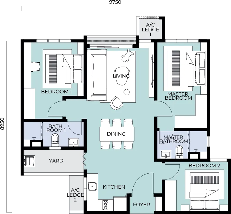 Trinity Nordic TYPE A 937 sq.ft. 3 Bedrooms 2 Bathrooms floor plan