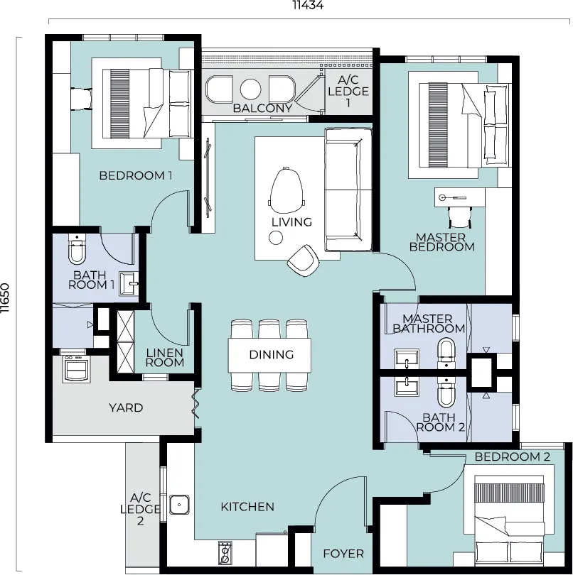 Trinity Nordic TYPE C 1,228 sq.ft. 3 Bedrooms 1 Linen Room 3 Bathrooms floor plan