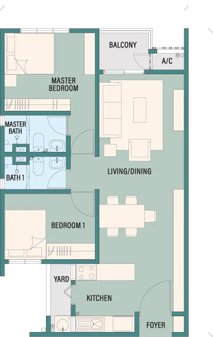 TRINITY RAINFORA RESIDENCES TYPE B/B1 | 2 Bedrooms 2 Bathrooms | Built-up Area 739 sq.ft. floor plan