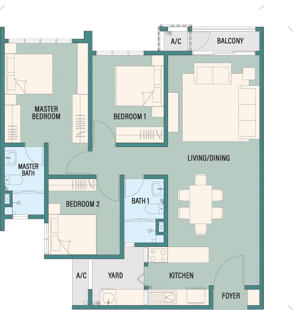 TRINITY RAINFORA RESIDENCES TYPE C | 3 Bedrooms 2 Bathrooms | Built-up Area 974 sq.ft. floor plan