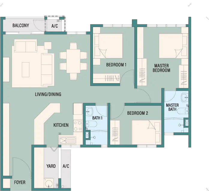 TRINITY RAINFORA RESIDENCES TYPE D | 3 Bedrooms 2 Bathrooms | Built-up area 1,026 sq.ft. floor plan