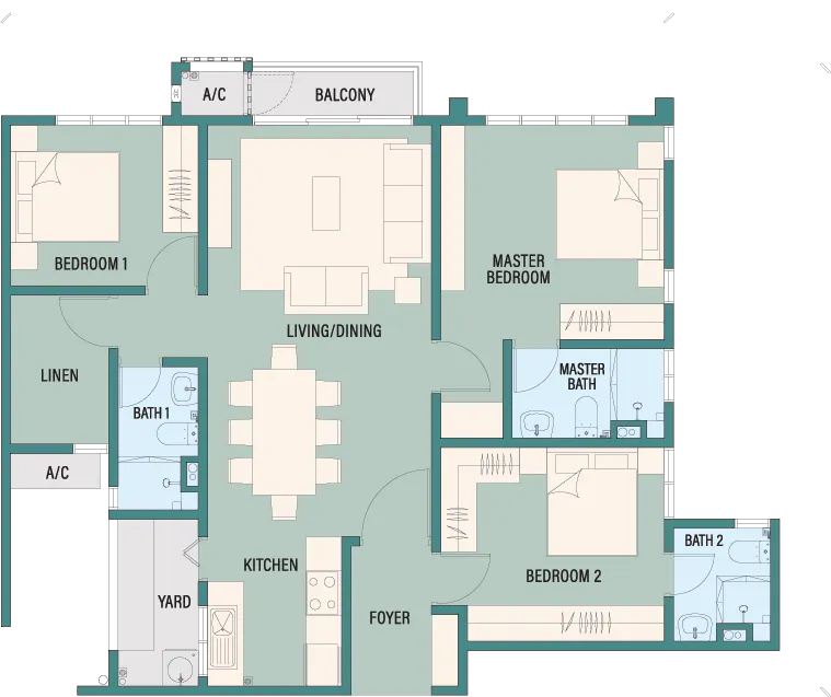 TRINITY RAINFORA RESIDENCES TYPE E | 3+1 Bedrooms 3 Bathrooms | Built-up Area 1,124 sq.ft. floor plan