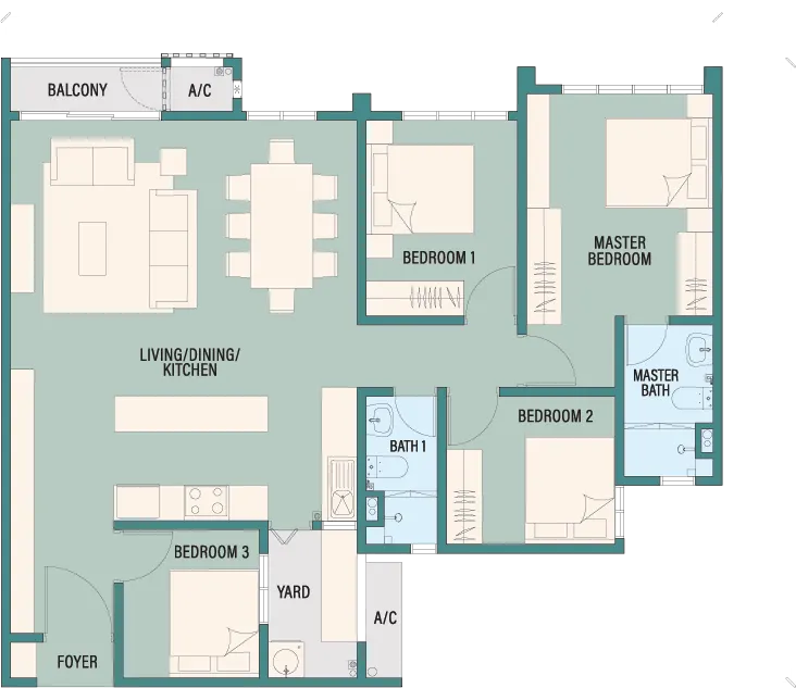TRINITY RAINFORA RESIDENCES TYPE F | 4 Bedrooms 2 Bathrooms | Built-up Area 1,136 sq.ft. floor plan