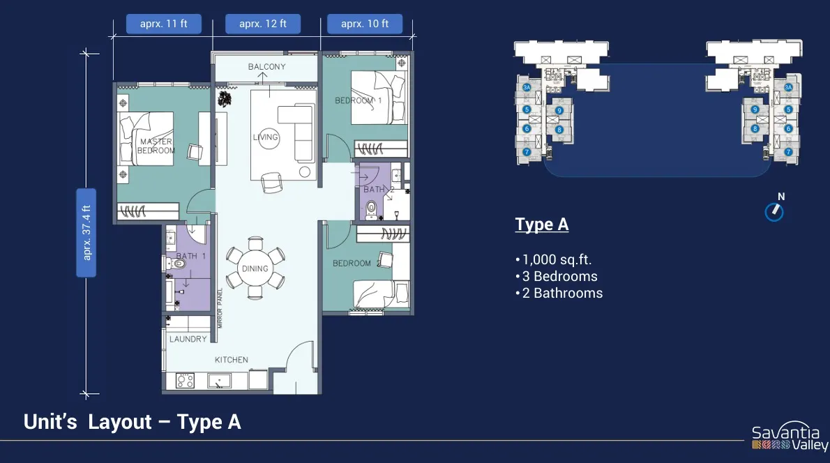 Vi Residence @ Savantia Valley Type A - 1000 sqft - 3 Bedroom 2 Bathroom floor plan