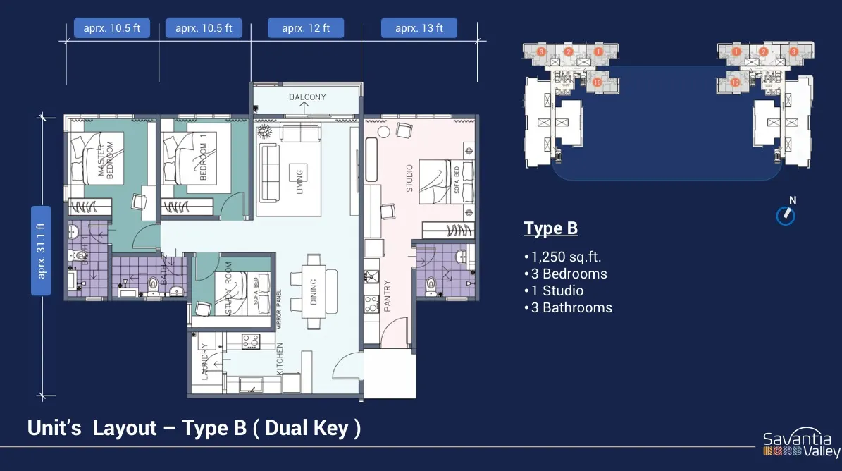 Vi Residence @ Savantia Valley Type B - 1250 sqft - 4 Bedroom 3 Bathroom floor plan