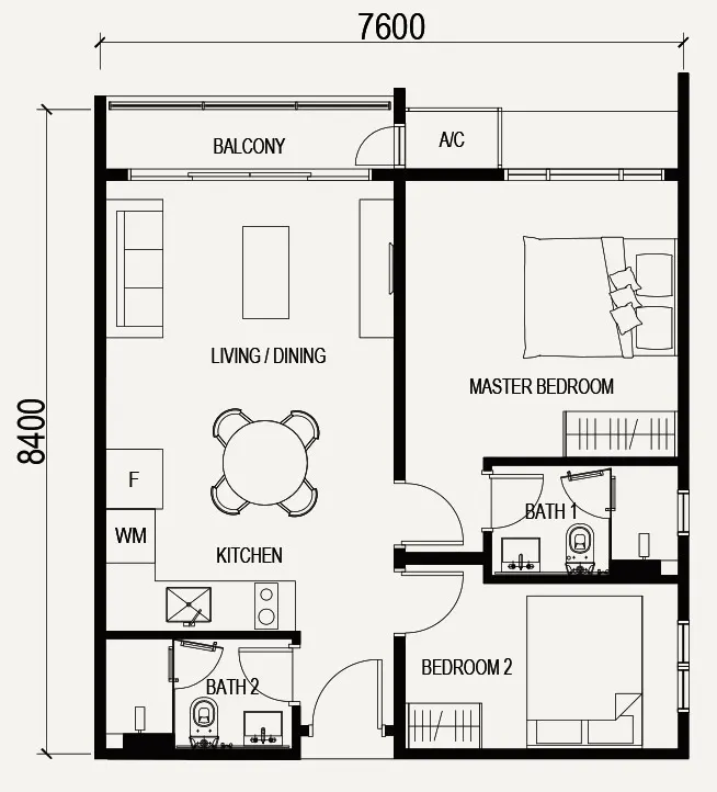 VOX Residence Type A1/A1a - 667 SQFT - 2 Beds 2 Baths floor plan