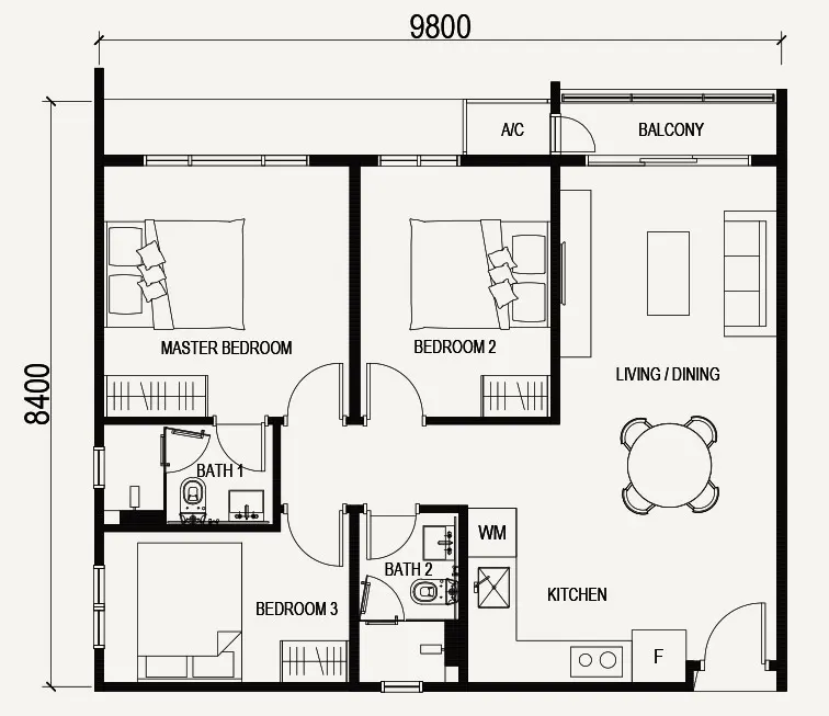 VOX Residence Type B1/ B1a -  839 SQFT - 3 Beds 2 Baths floor plan