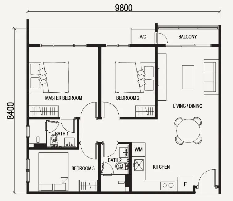 VOX Residence Type B2 - 839 SQFT - 3 Beds 2 Baths floor plan