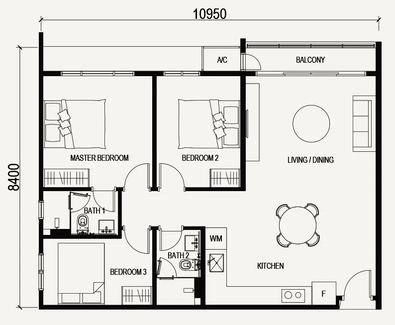 VOX Residence Type C1 / C1a - 947 SOFT - 3 Beds 2 Baths floor plan