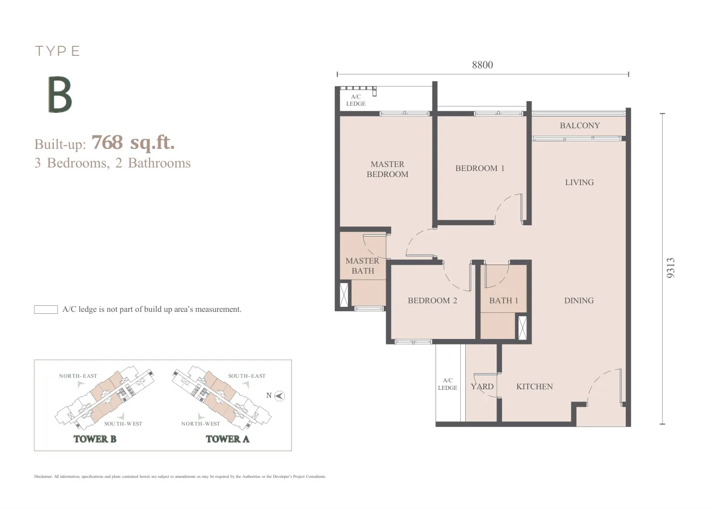 Westfield Residences TYPE B Built-up: 768 sq.ft. 3 Bedrooms, 2 Bathrooms floor plan