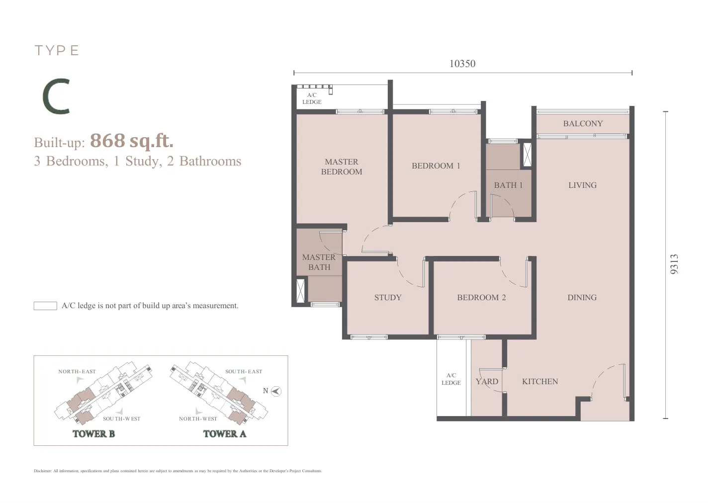 Westfield Residences TYPE C Built-up: 868 sq.ft. 3 Bedrooms, 1 Study, 2 Bathrooms floor plan
