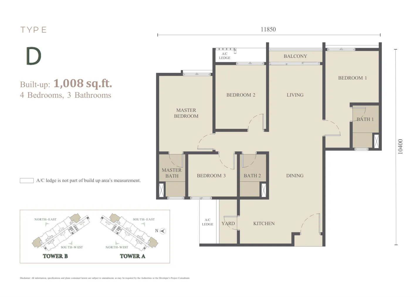 Westfield Residences TYPE D Built-up: 1008 sq.ft. 4 Bedrooms, 3 Bathrooms floor plan